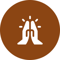 Icon of two white hands pressed together with rays above, evoking prayer or gratitude, on a brown circular background. This symbol resonates with the inclusive spirit found in Non-Denominational Churches.