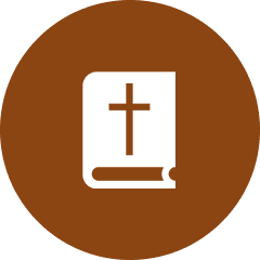 Icon of a book with a cross on the cover, set against a brown circular background, reflecting the inclusive spirit of non-denominational churches.