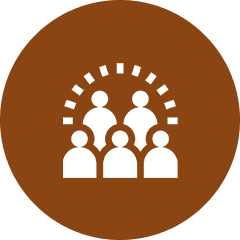 Icon of white abstract figures representing a diverse church congregation within a brown circle, with an arc of squares above them.
