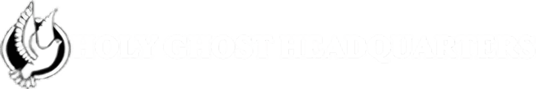 Logo of "Holy Ghost Headquarters" featuring a white dove with an olive branch, encircled in black and white text.